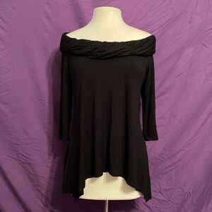 Elegant Black Off-Shoulder Handkerchief Hem Blouse. Size M.